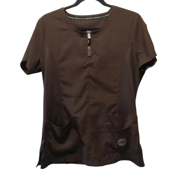 2 Koi Chocolate Brown Scrub Tops w/ Pink/Brown Double Zipper 4 Pockets Sz Medium - Picture 4 of 13